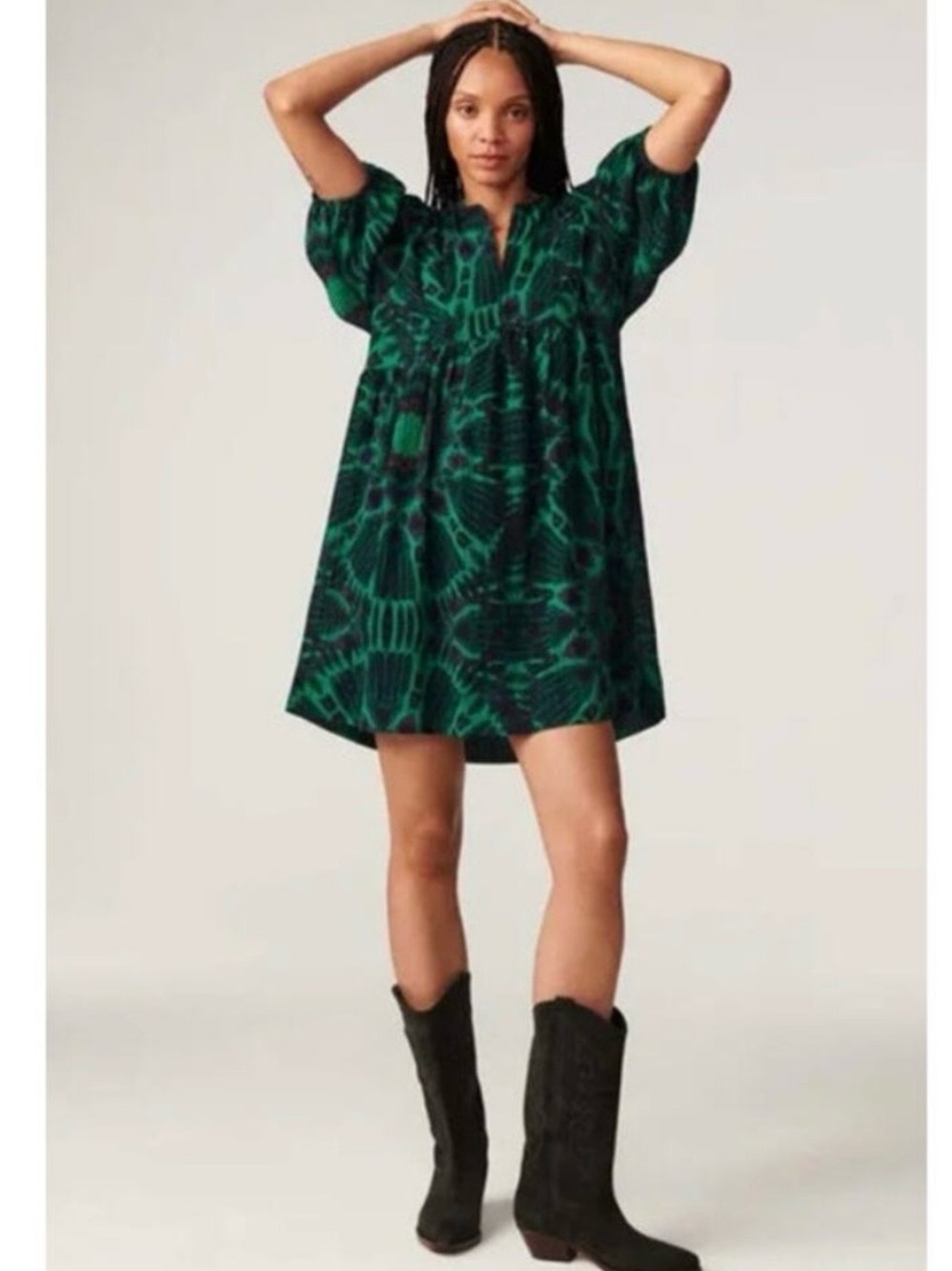 Ba&sh Cleo Green Patterned Short Sleeve Swing Dress